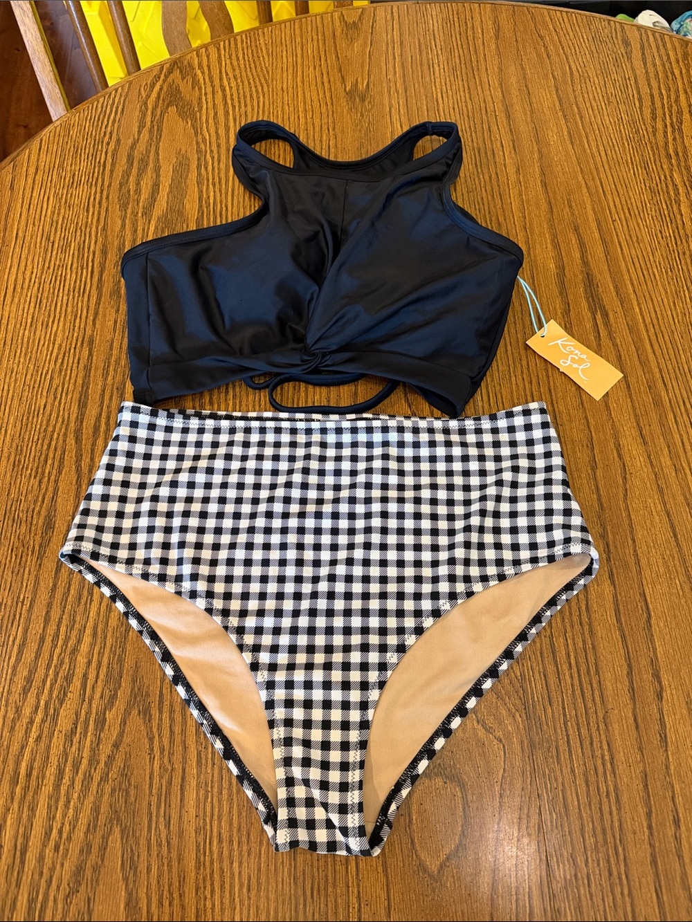 Kona Sol Black Cropped Top with Black & White Gingham High-Waist Bottoms 👇🏻